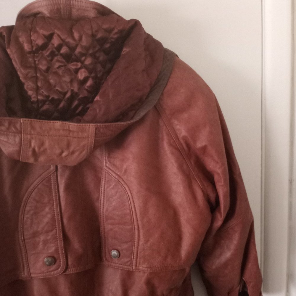 VTG Heavy Long Hooded Brown Leather Jacket - Picture 5 of 16